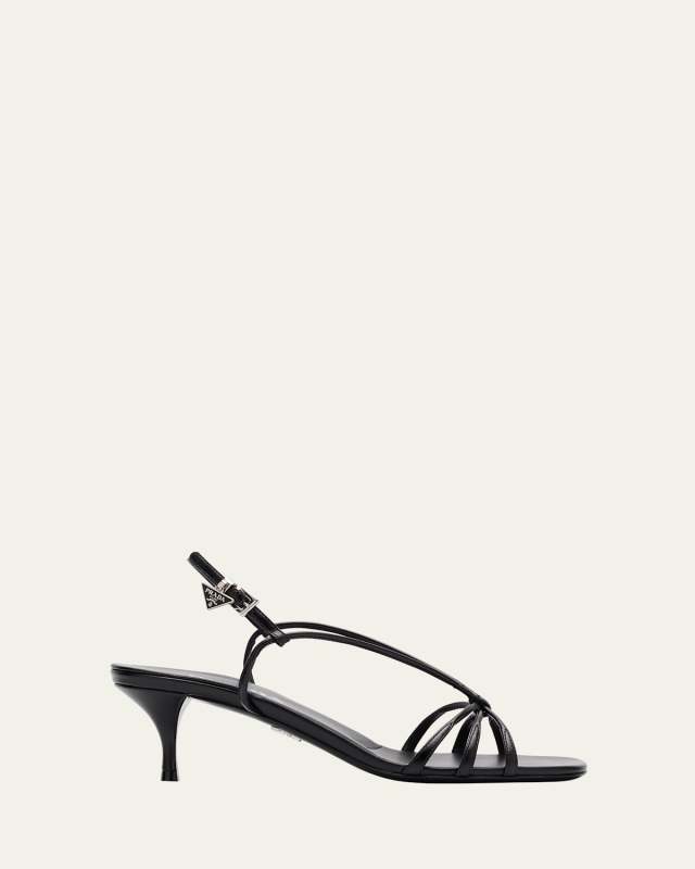 Capretto Strappy Leather Sandals with Triangle Logo Charm